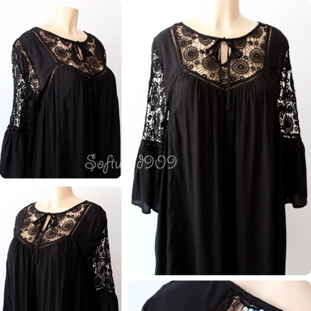 Last☝️Black Crochet Lace Boho Babydoll Swing Dress - Picture 3 of 8